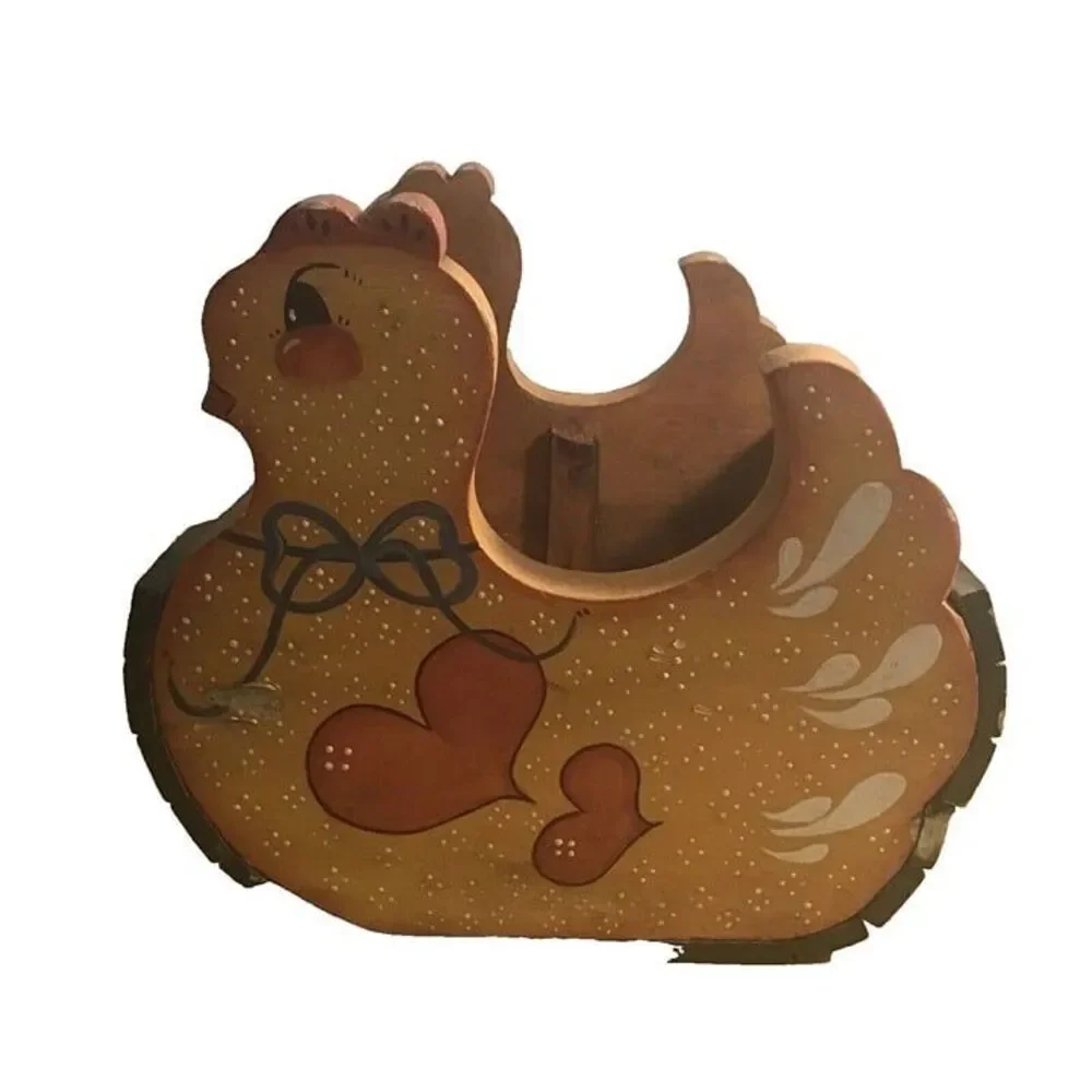 Vintage Hand Painted Wooden Chicken Napkin Letter Holder Country Folk Art Hearts